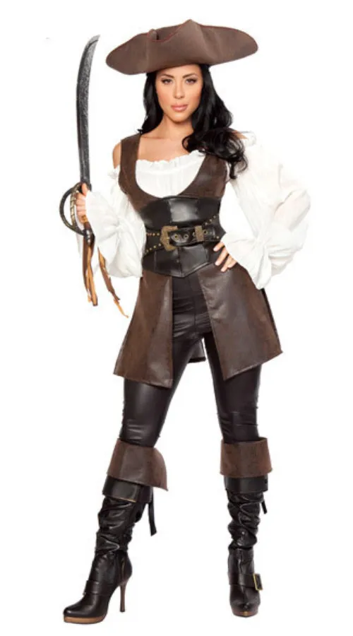 Pirate Costumes Women Pirate Cosplay Patent Leather Vintage Top Vest Pants Hat Belt 5Pcs Set