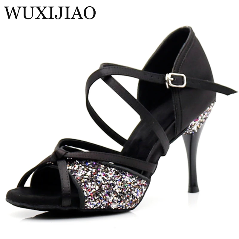 

WUXIJIAO Dance Jazz Shoes Black Bronze Skin Latin Dance Shoes For Women Salsa Latin Shoes Girls Ballroom Latin Shoes 8.5cm Heel