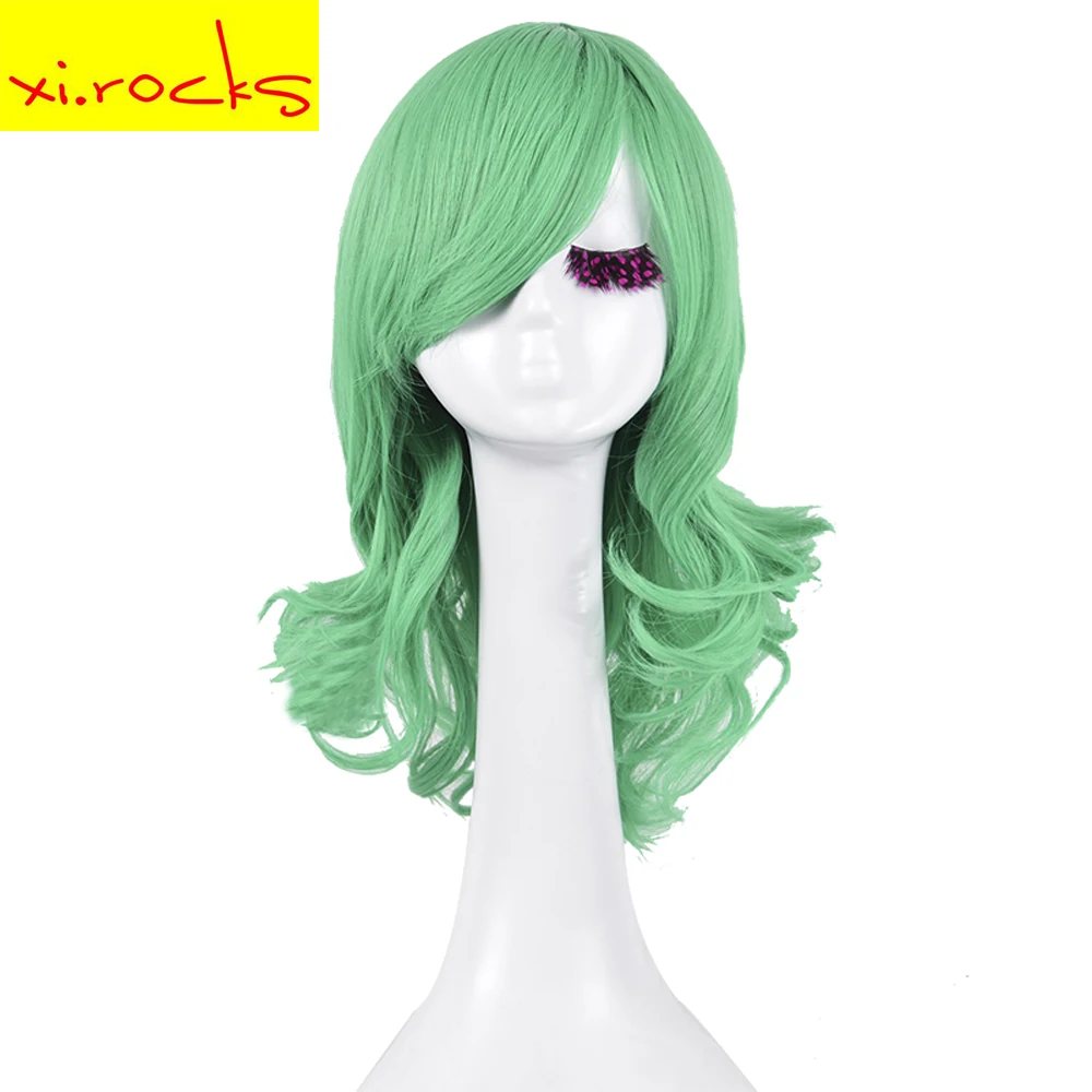 

3069 Synthetic Middle Length Green Colour Style Curly Wigs for Women Costume Cosplay Halloween Party heat Resistant Fiber Wig