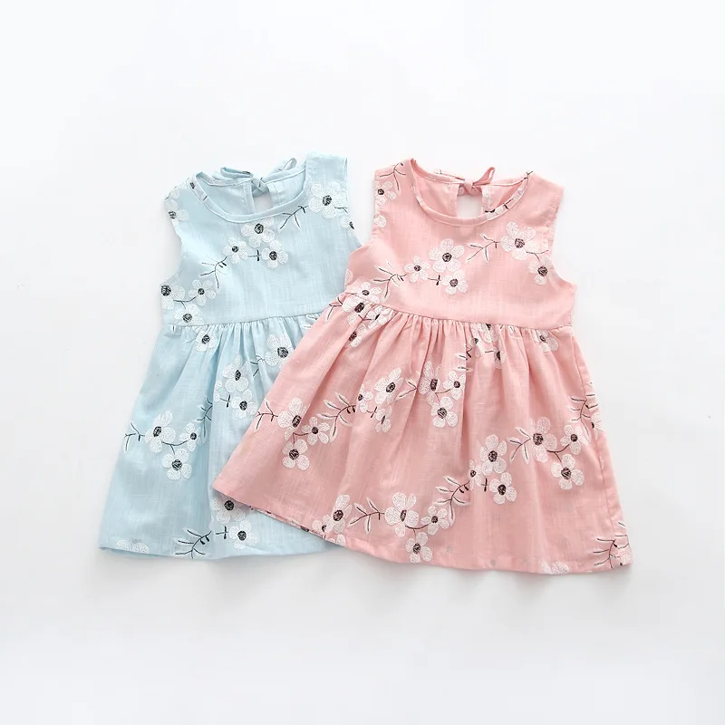 Kids Girls Sleeveless Morning Glory Print Cotton and Linen Dresses