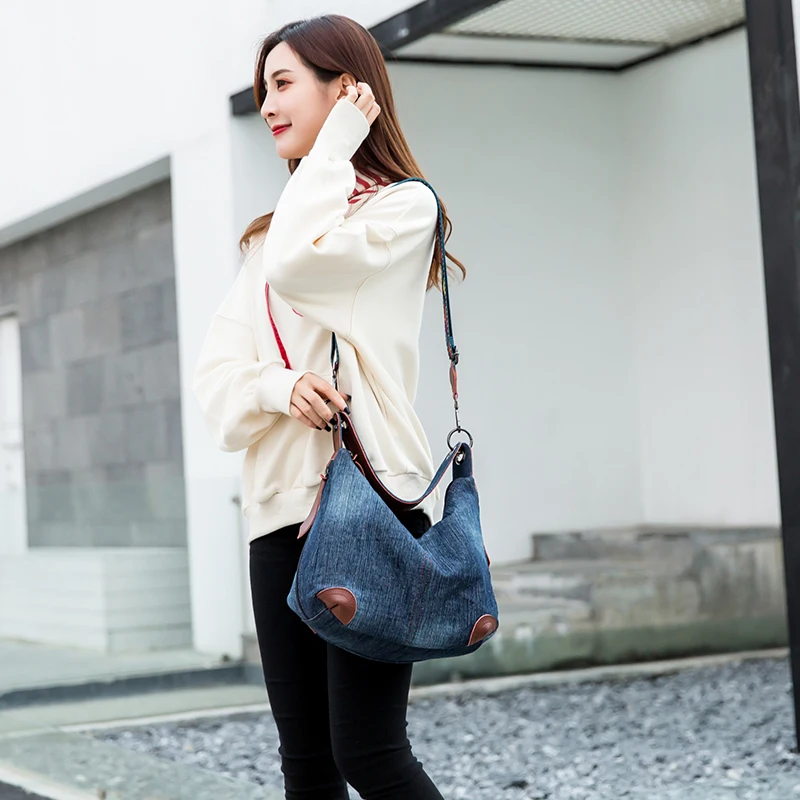 Leather shoulder strap large luxury ladies denim handbag big shoulder bag blue jeans handbag Jean Denim Tote Crossbody ladies