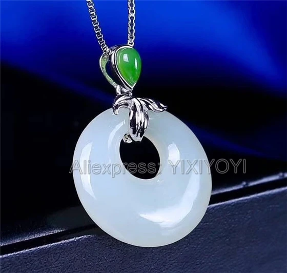 925 Sterling Silver White Green HeTian Jade Round Dangle Lucky Sexy Pendant + Chain Necklace Charm Fine Jewelry Charm Gift