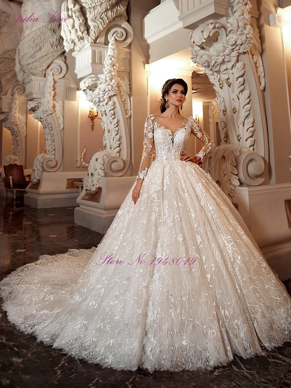 Julia Kui Customize Made Embroidered Lace And Tulle Fabrics Of Ball Gown Wedding Dress Pricess Bride Dress