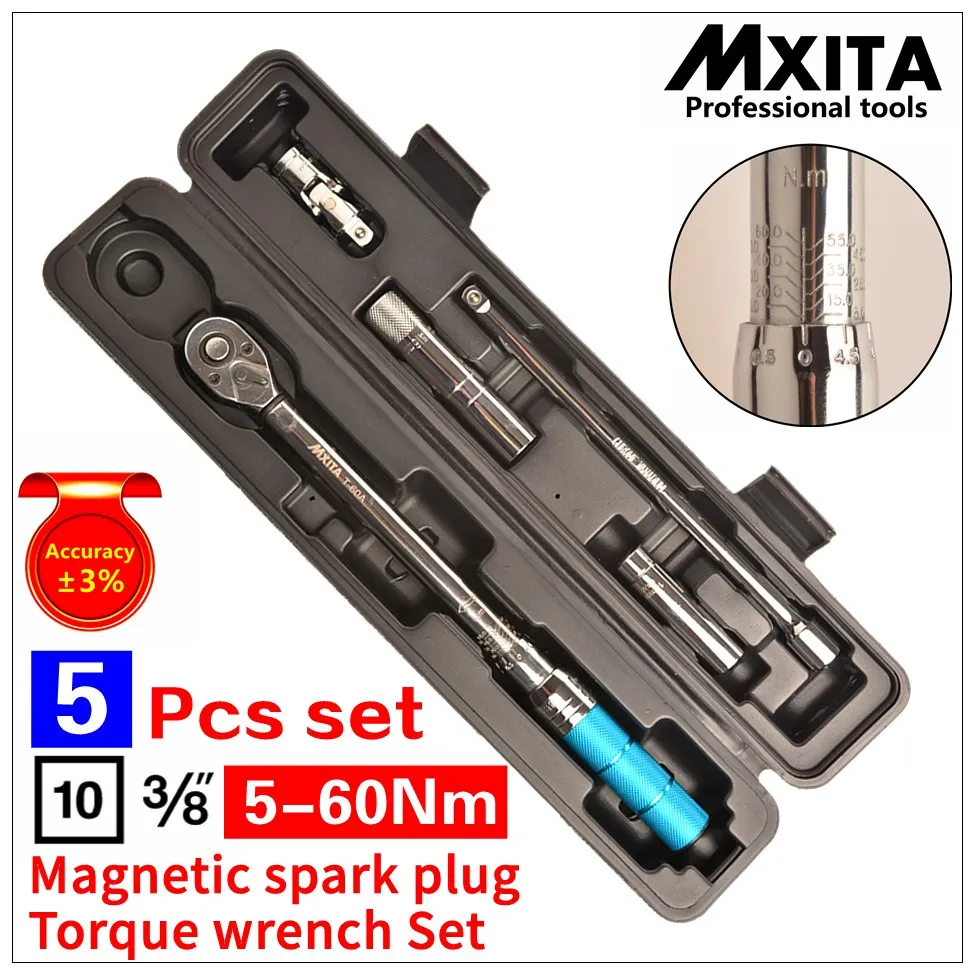 Mxita 5 Pcs Magnetic spark plug torque wrench Set Car repair tool 3/8 5-60NM Spanner Ratchet Wrench hand tool set