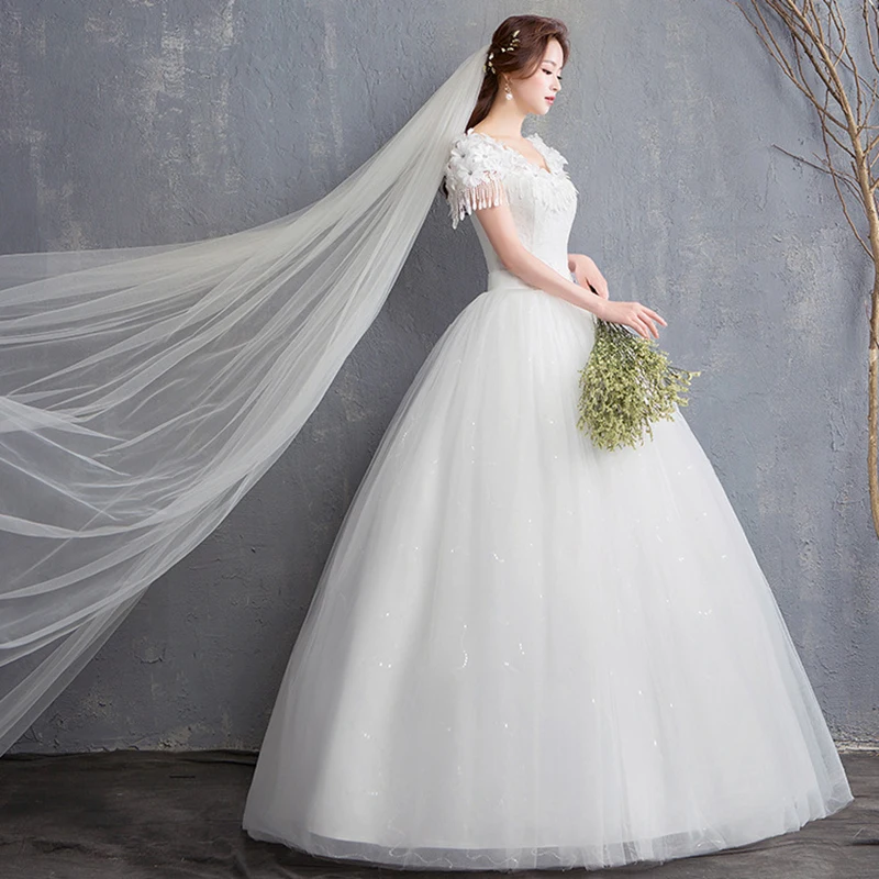 Robe De mariée Simple et élégante en dentelle, motif De fleurs 3D, col en v, manches bouffantes, en Tulle, grande taille