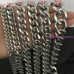 High Polishing 8/10/12/15/17/19mm Width Cool Mens 316 Stainless Steel Silver Color Cuban Link Chain Necklace 7