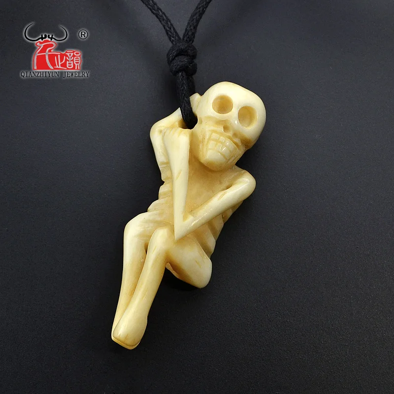 GX118 Handmade Carved Yak Bone skeleton Pendant Tibetan tribal ornaments Vintage yellow skull necklace for men