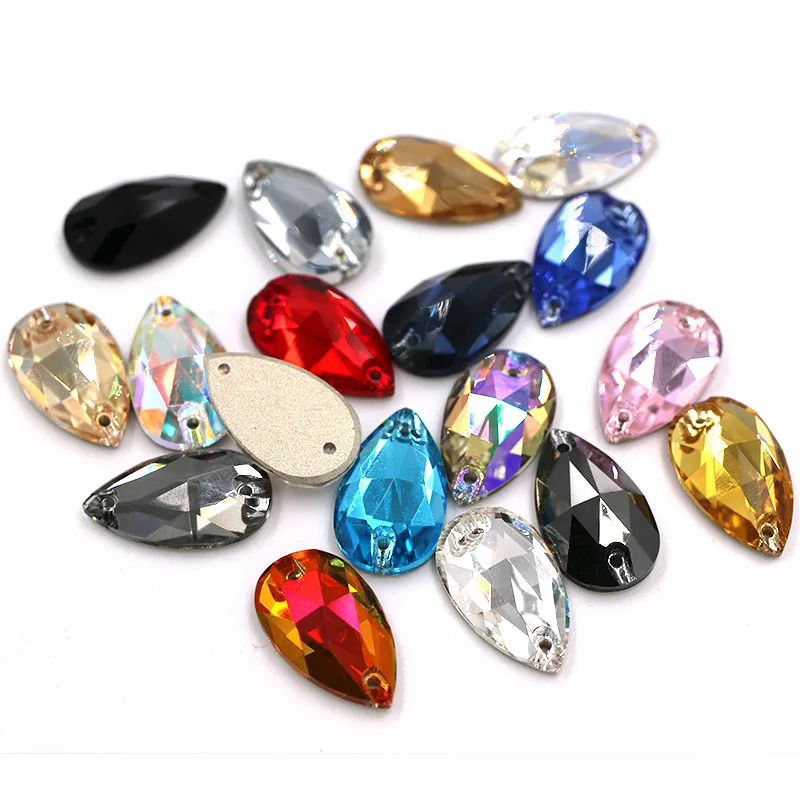 High quality flatback glass double hole crystal sew on rhinestones Teardrop Bright purple Flat buckle diy clothing accessories