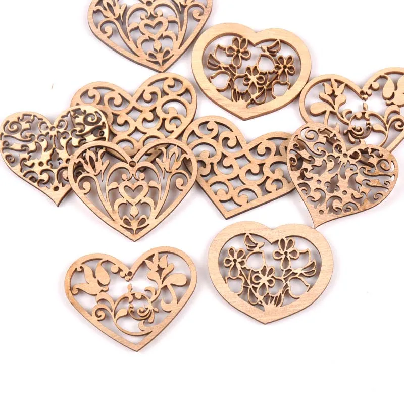 mixed carved Heart Vintage HandMade Natural Wooden Scrapbooking Diy Craft Home decoration handcraft 10pcs MT1842