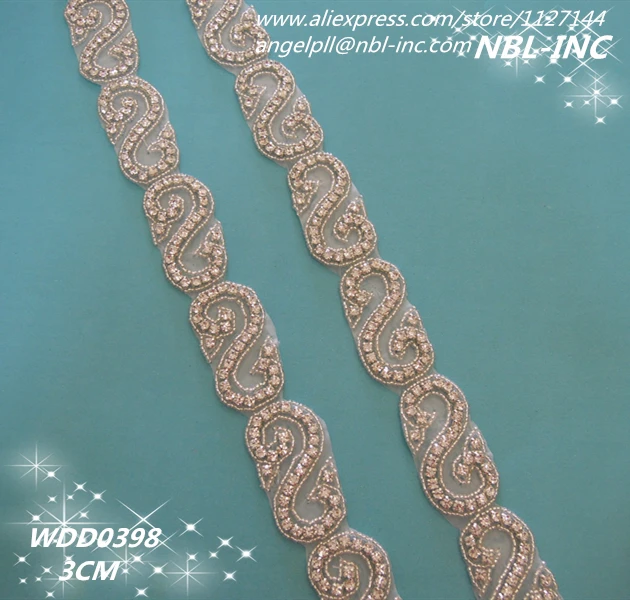 

(10 YARDS) Wholesale iron on bridal applique silver clear beaded rhinestone trim for wedding dress garment sash WDD0398