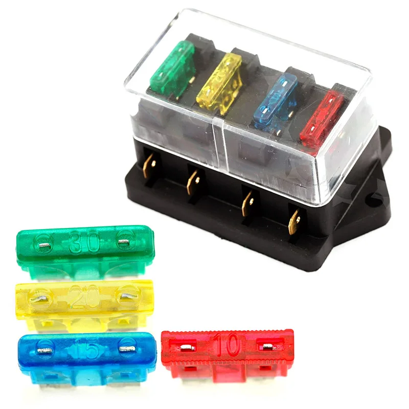 40A 12V 24V Auto Car Truck 4 Way Blade Fuse Block Fuse Box Unit Holder Fusebox Catch-holder + 4Pcs Fuses Circuit Standard ATO