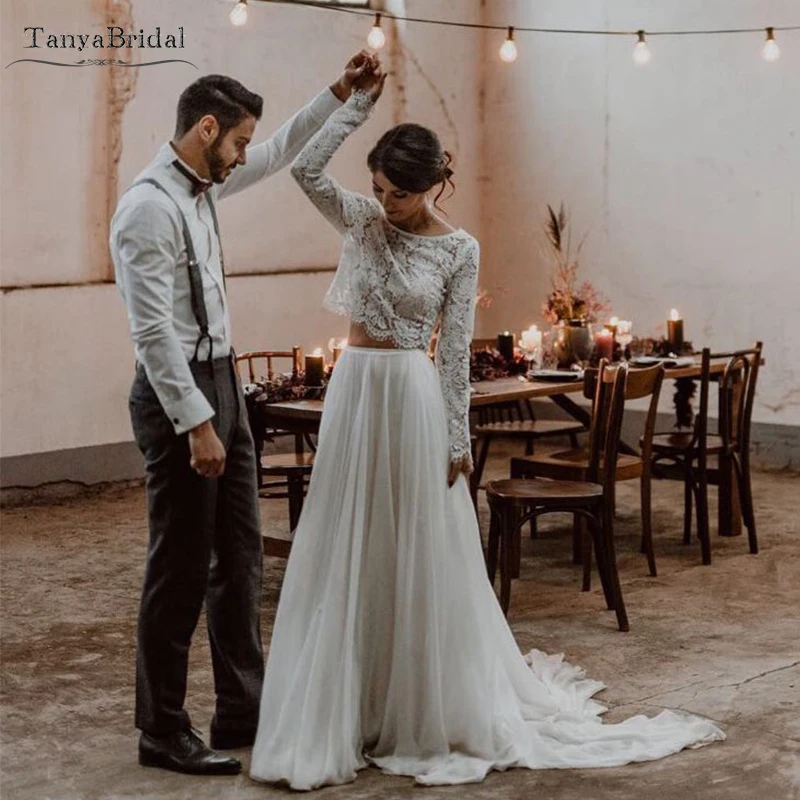 Two Pieces Lace Chiffon Wedding Dresses Long sleeve Bohemian Bridal Wedding Gowns Classical Noivas Chic  DW156