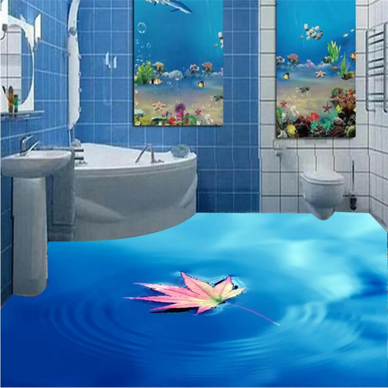 

beibehang 3d floor custom wallpaper 3d floor mural wallpaper 3D water maple leaf ripple bathroom floor painting papel de parede