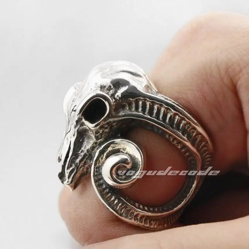 Large Ran Skull Horn Aries 316L Stainless Steel Mens Biker Ring 6R005 image 5