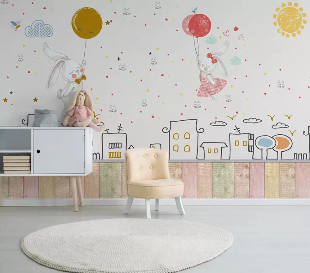 

Custom photo Nordic contracted cartoon moon rabbit couple children room bedroom living room background wall