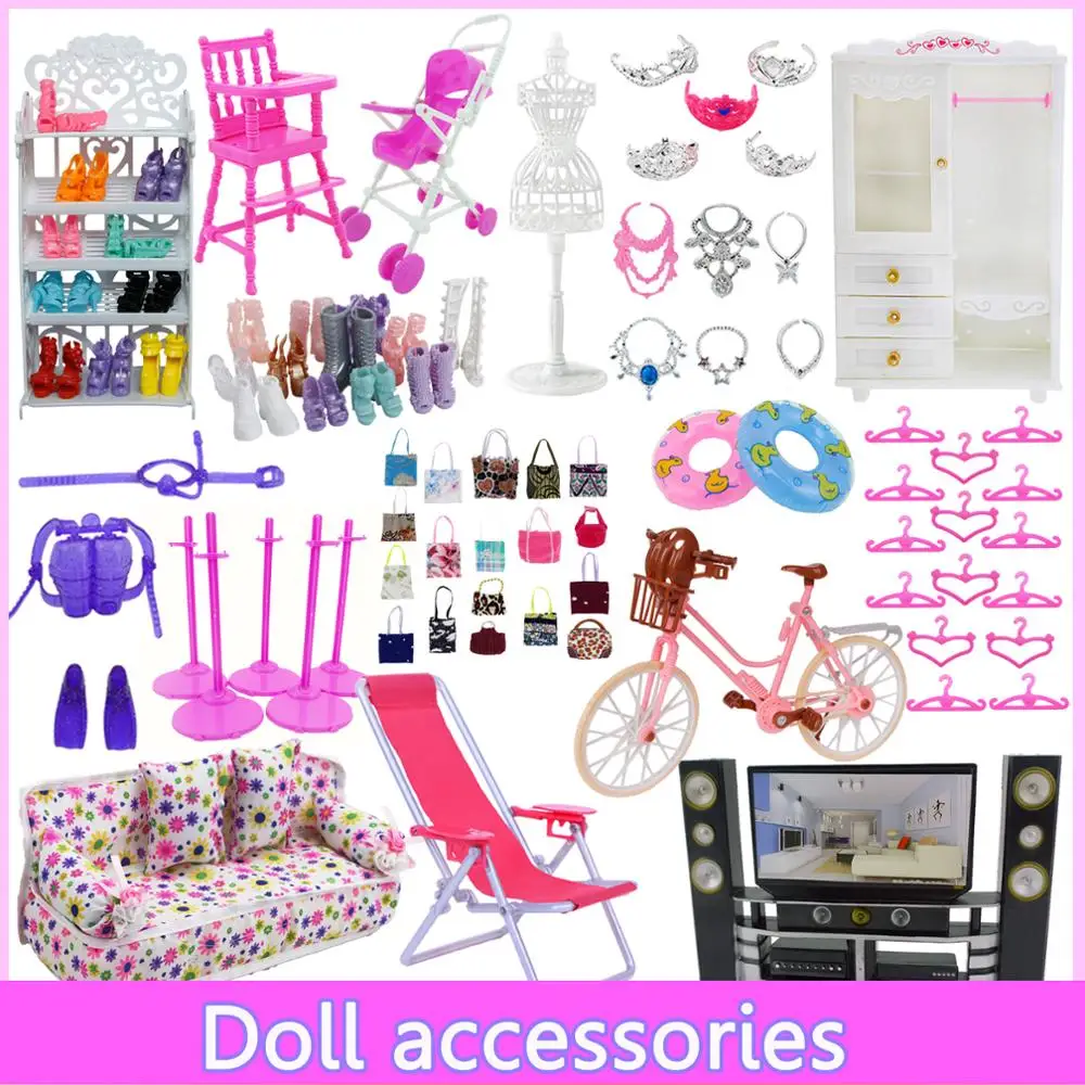 Mix Cute Doll Furniture Pretend Play Toy Hangers TV Sofa Shoes Rack for Barbie Doll Dollhouse Accessories DIY Baby Toys