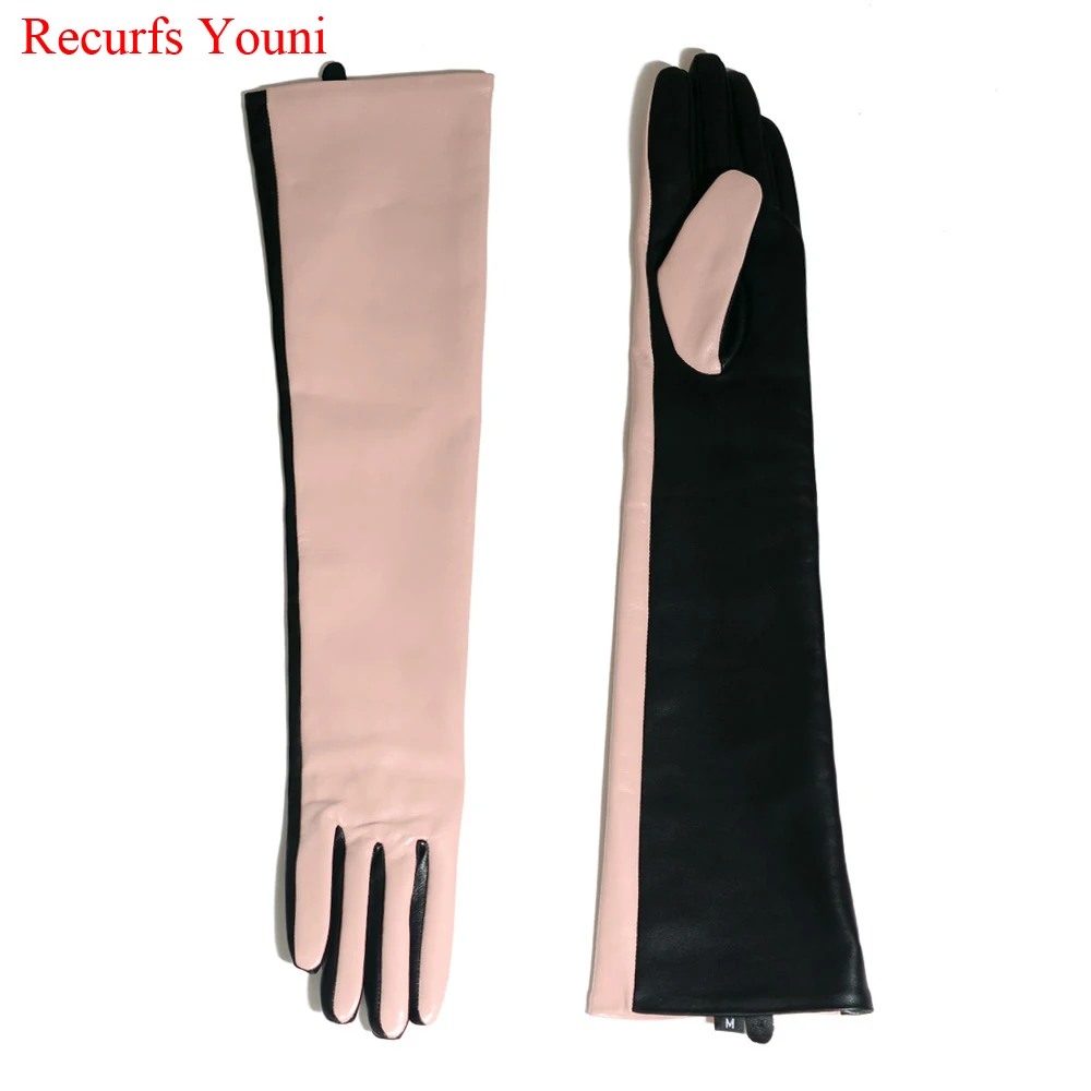 Winter Women Genuine Leather Contrast Color 40/50 cm Long Gloves Female Pink/Black Opera Evening Luva Mujer Street Deri Gantlet