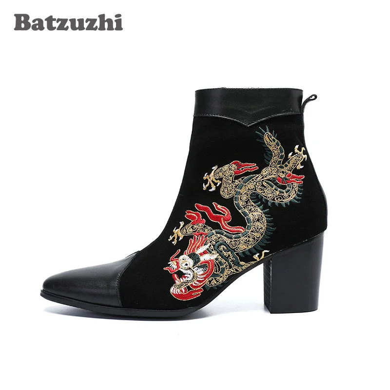 Batzuzhi 7.8CM High Heel Men Boots Short Ankle Dress Boots Black Suede Embroidery with Totem Zip Gentleman Boots Men Botas Homb