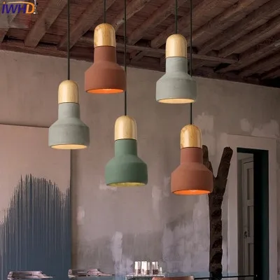 

IWHD Cement Loft Style Vintage Pendant Lamp Industrial Retro Kitchen Light Fixtures Wood Pendant Lights For restaurant Lamparas