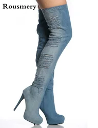 Brand Fashion Women Blue Summer Jeans Boots Platform Thigh High Denim Boots High Heel Over The Knee Boots stiletto Heel Size 46