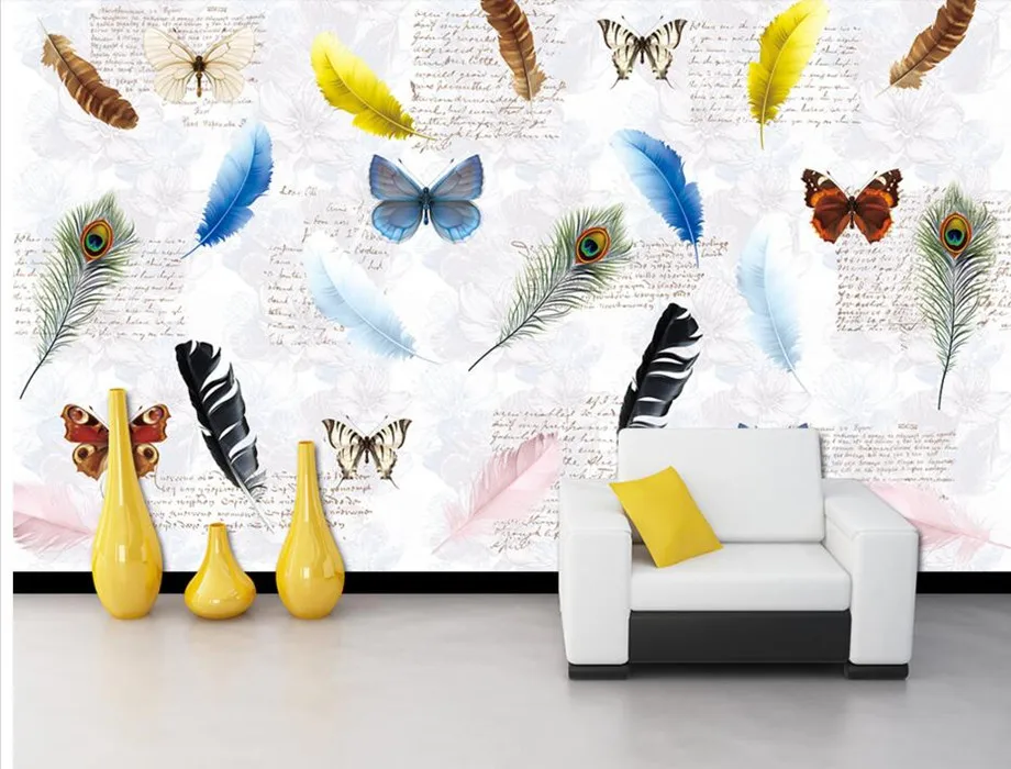 Colorful feather butterfly English American restaurant bar background wall wallpaper,living room sofa TV wall bedroom 3d mural