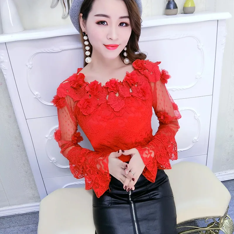 2018 Musim Semi Musim Panas Wanita Blus Manis Berongga Out Floral Lace kemeja Wanita Flare Lengan Slash Leher Mesh Blus Pendek Tops AB815