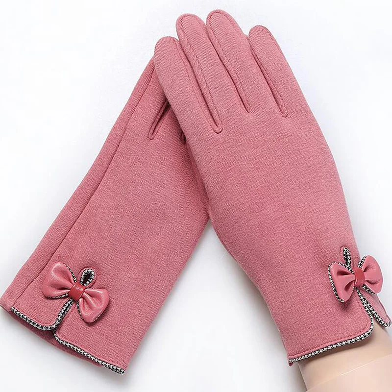 High Quality Fashion Elegant Women Touch Screen Glove Winter Female Lace Warm Cashmere Bow Full Finger Mittens Wrist Guantes 16E