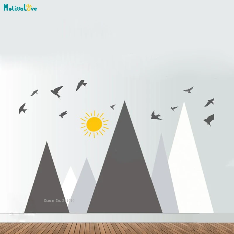 4 Colors Mountains Wall Sticker Kids Room Nursery Decoration Birds and Sun Decals Large Size Art Vinyl Murals Removable  YT1535