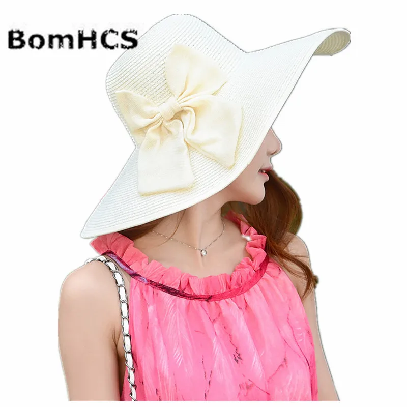 BomHCS Summer Holiday Women Beach Straw Hat Wide Brim Sun Hats Caps with Bow 17F-314MZ5