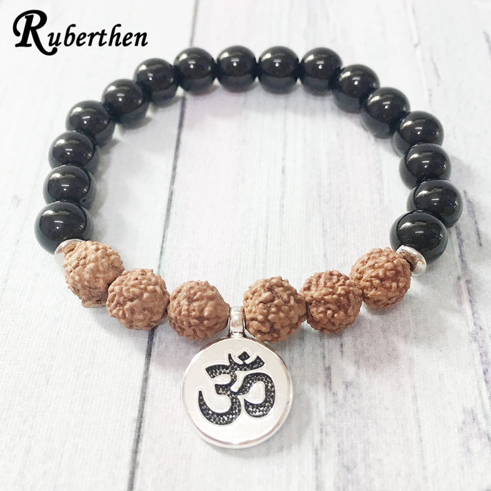 Ruberthen New Design Grade Black Onyx Rudraksha Bracelet High Quality Onyx Bracelet Rustic Yogi Mala Beads