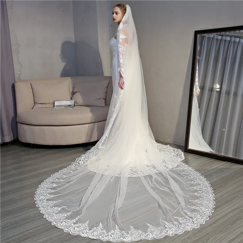 JaneVini 2019 Ngà Tulle Dài Cưới Nhà Thờ Mạng Che Mặt Duy Nhất Lớp Mạng Che Mặt với Comb Ren Appliques Cạnh Phụ Nữ Phụ Kiện Đám Cưới