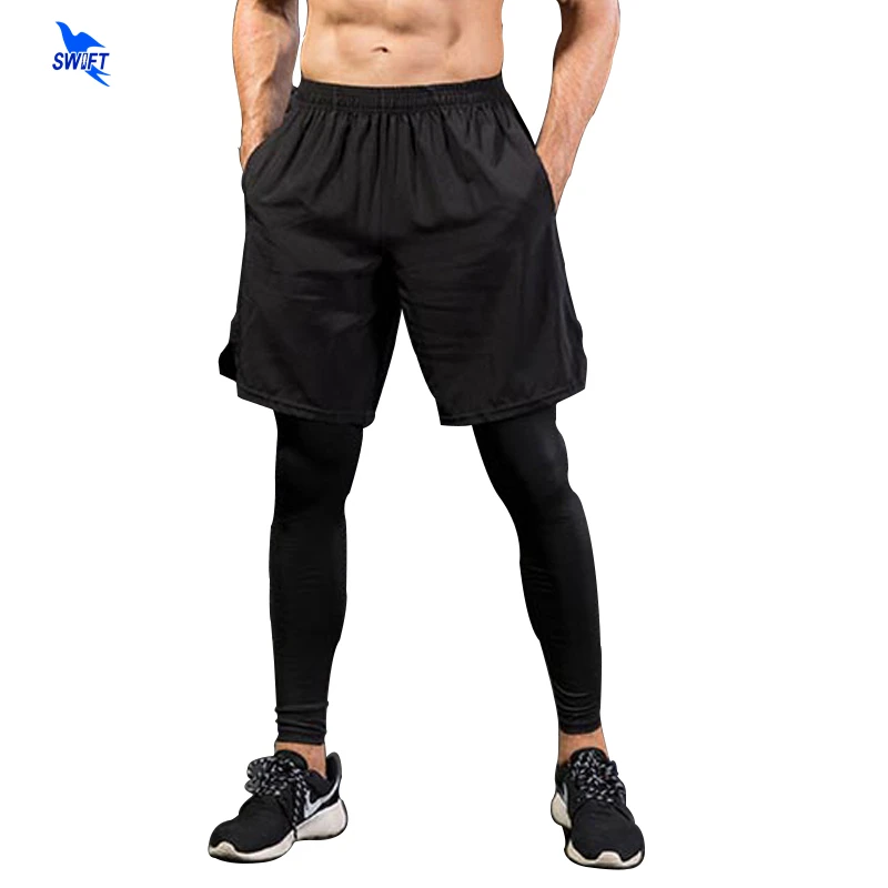 Men\'s Fake 2 in 1 Running Shorts + Pants Quick Dry Compression Running Tights Training Fitness Cycling Pockets Sports Leggings