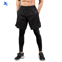 Men's Fake 2 in 1 Running Shorts + Pants Quick Dry Compression Running Tights Training Fitness Cycling Pockets Sports Leggings