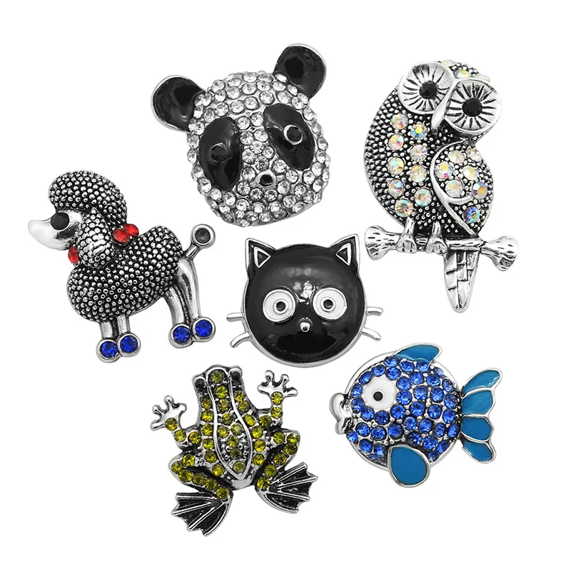 Nova beleza strass adorável animais coruja cão panda cisne peixe joaninha 18mm botões de pressão ajuste snap pulseira jóias por atacado