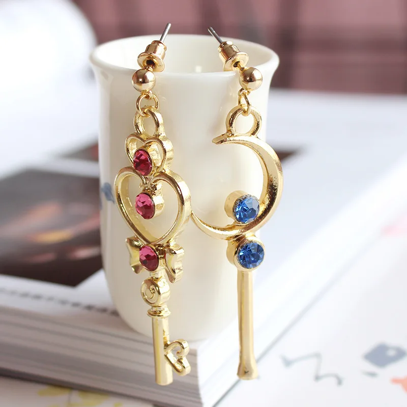 Drop shipping One Pair Gold Color with Blue Red Crystal Key Shaped Star Moon Dangle Earrings