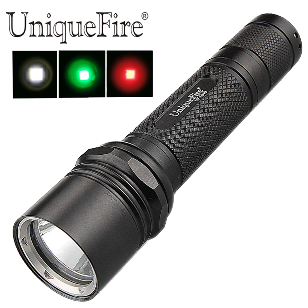 UniqueFire UF-504B  XRE(Green/Red/White Light)LED Flashlight 3 Modes Toughened Ultra Clear Glass Lens Rechargeable Hunting Torch