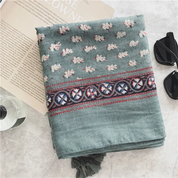 Green Rustic Style Floral Women Tassel Pashmina Shawls Female Seaside Holiday Sunscreen Beach Scarves Stoles Bufanda Lady Shawl