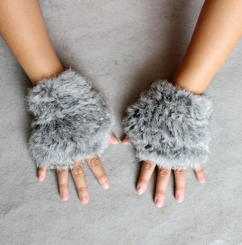 Winter Soft hand knitting rabbit fur Fingerless Half Cuff Gloves elastic 3 color