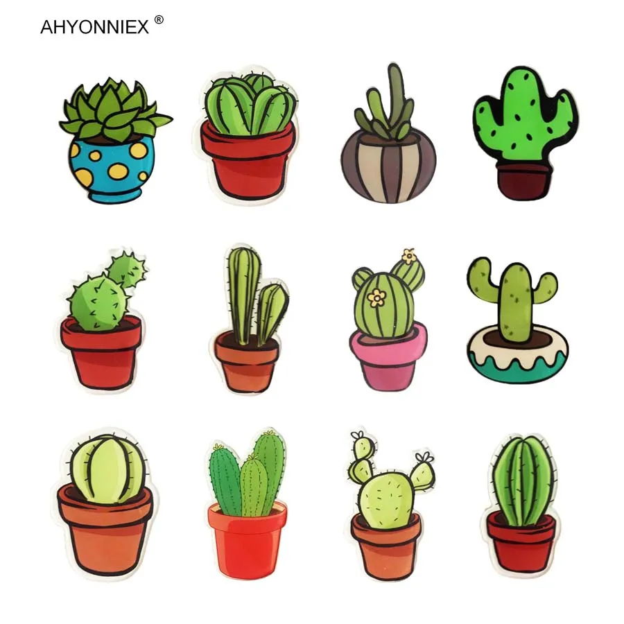 AHYONNIEX 10 PC Cartoon Cactus Bonsai Badge Brooch Acrylic Badges Icons on The Backpack Pin Badge Decoration Badges for Clothing