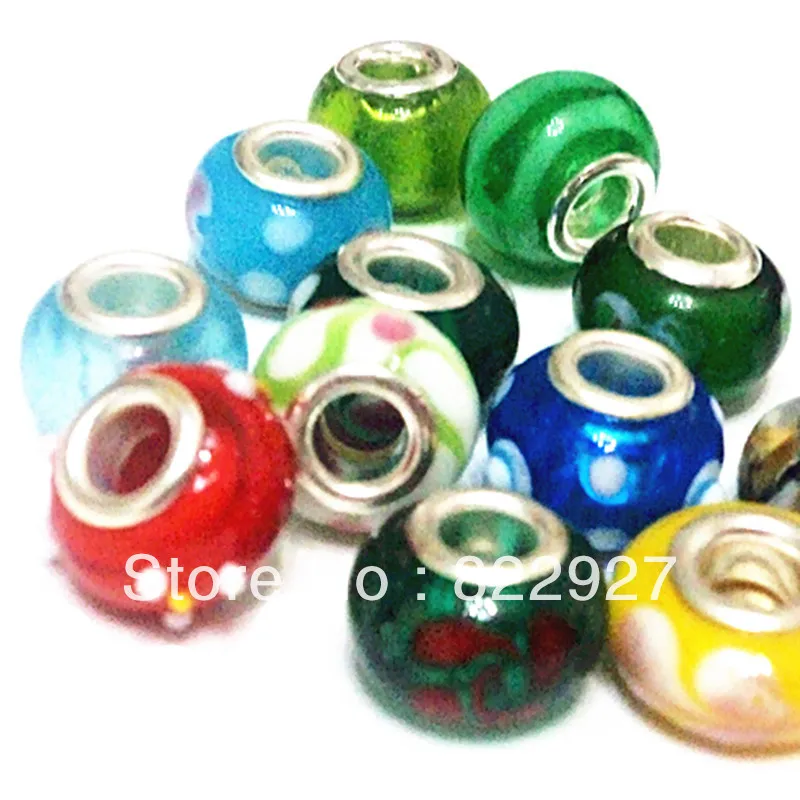 15 pieces multi color murano glass loos beads,14mm beads with in 6mm hole,sterling silver cord for European jewelry