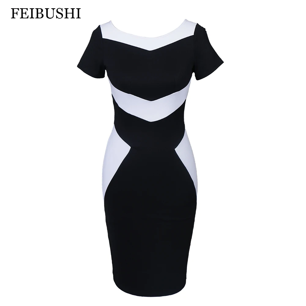 FEIBUSHI Womens Black Stitching Casual Vintage Dress Female Party Business Office Work Bodycon Pencil Dress 5612