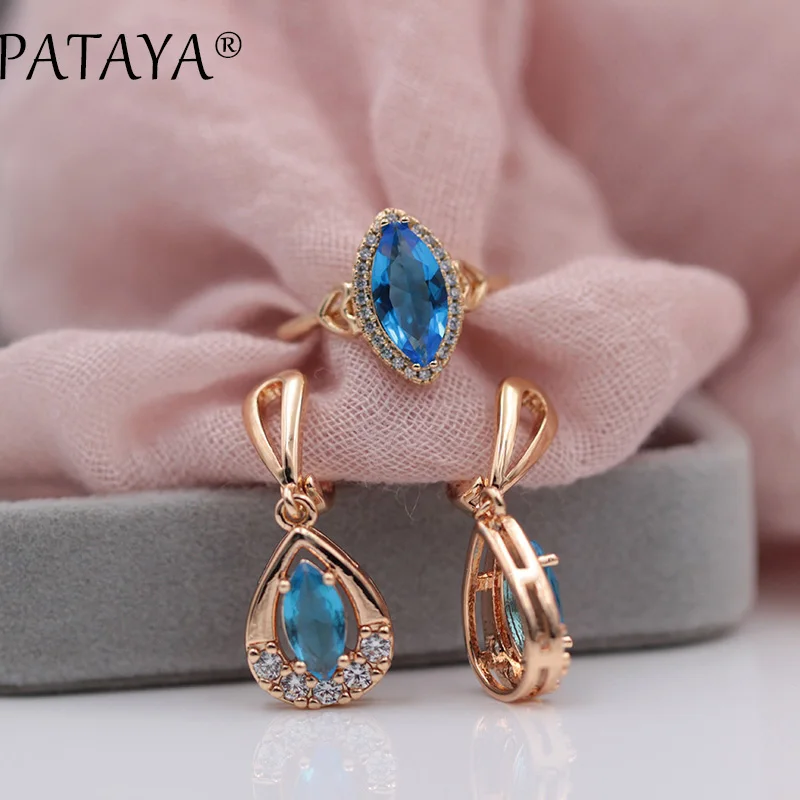 PATAYA New Exclusive 585 Rose Gold Color Drop Earrings Rings Sets Horse Eye Blue Natural Zirconia Women Wedding India Jewelry