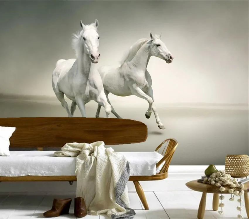 Custom 3d mural, Two beautiful running white horses papel de parede,hotel restaurant living room sofa TV wall bedroom wallpaper