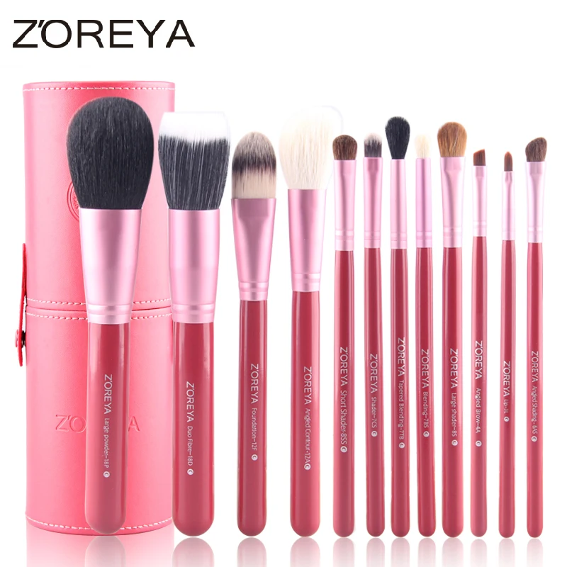 Zoreya Brand 12pcs Natural Goat Hair Makeup Brushes Women Professional Cosmetic Tool Make Up Holder Powder Brush Set Animal Wool