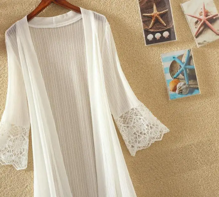 Summer Boho Lace Kimono Beach Cardigan Tops Women Sexy Sunscreen Chiffon Holiday Blouse Shirts Lady Sun Protection Clothing