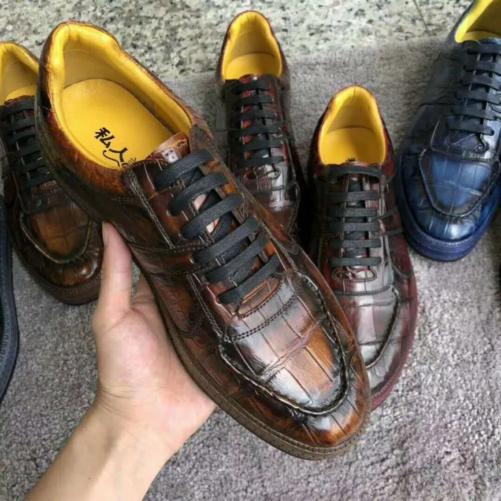 

Newly quality 100% real genuine crocodile skin men fashion shoe with genuine cowhide skin lining double colors leisure flat shoe