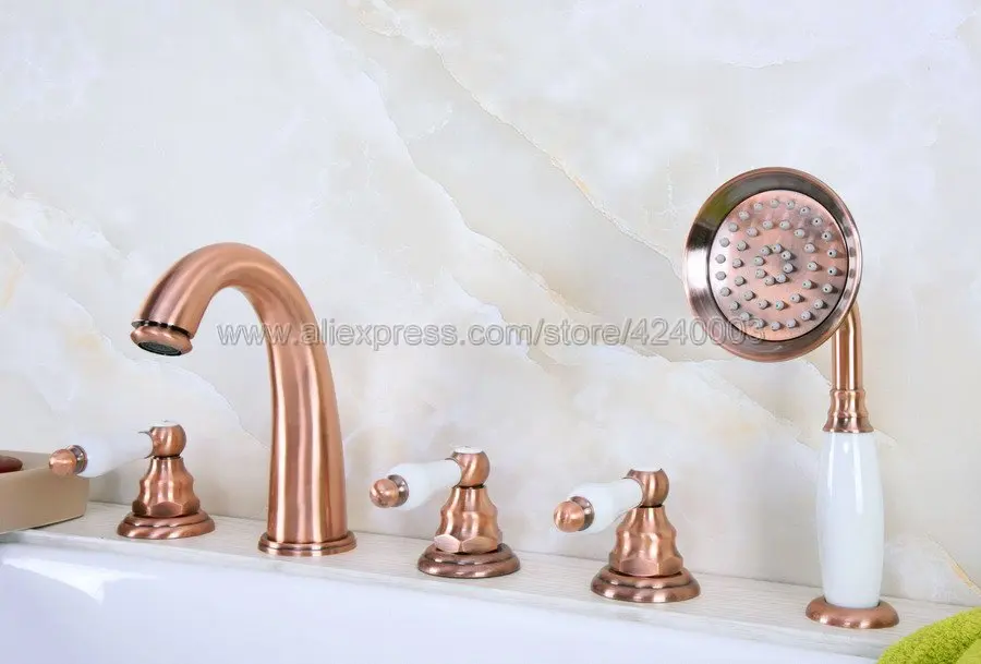 Antique Red Copper Roman Bathtub Mixer Faucet Set with Handheld Shower Deck Mounted 5 Holes Hot and Cold Taps Ktf232