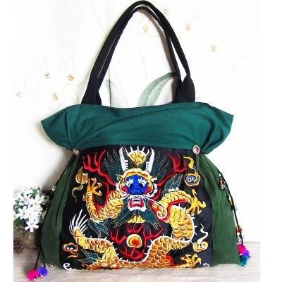 High quality Women\'s bag Green canvas shoulder bag Embroidery Ethnic bags DIY handmade beaded large designer women handbags