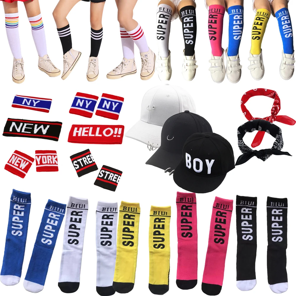 

LOLANTA Kids Hip Hop Knee Thigh High Stripe Pattern Socks Sports School Activity Hat Headband Bracers Bandana Dance Accessories