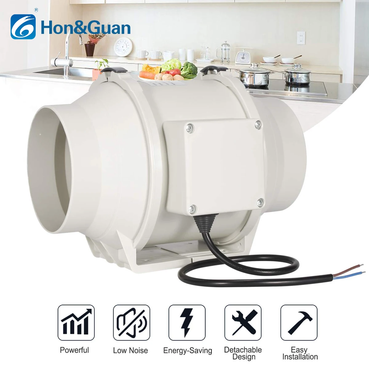 Hon&Guan 4'' 220V Silent Wireless Controller Inline Duct Fan Mixed Flow Smart Air Extractor For Bathroom Kitchen Ventilation